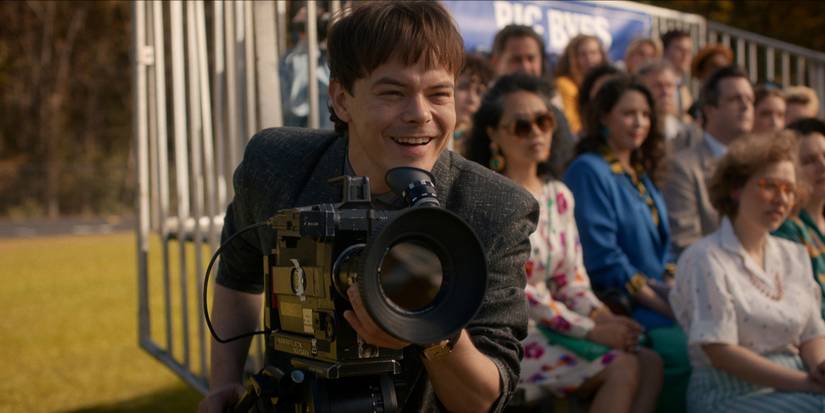 Charlie Heaton as Jonathan Byers films the Hawkins High graduation on 'Stranger Things.'