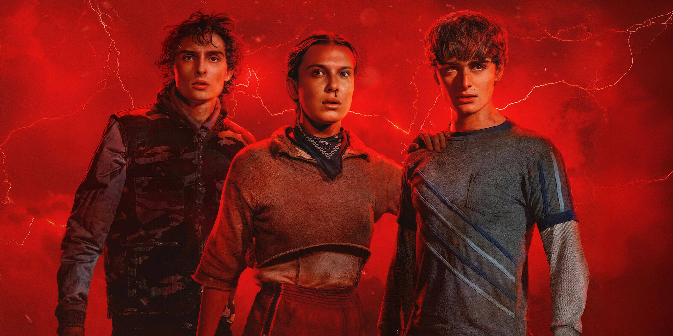 Mike Wheeler (Finn Wolfhard), Eleven (Millie Bobby Brown), and Will Byers (Noah Schnapp) on a poster for 'Stranger Things' Season 5.
