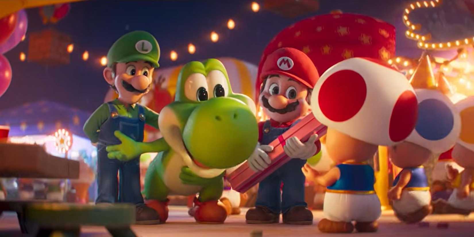 Luigi, Yoshi, and Mario talk to mushroom people in The Super Mario Galaxy Movie.
