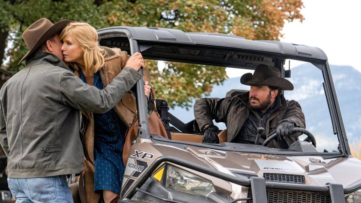 Kelly Reilly as Beth Dutton in Yellowstone with Kevin Costner and Cole Hauser.
