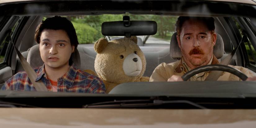 Max Burkholder and Scott Grimes drive with Ted (voiced by Seth McFarlane) in Season 2