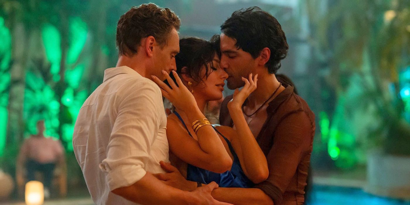 Jonathan Pine, Roxana Bolaños, and Teddy Dos Santos dancing in each other's arms in The Night Manager Season 2
