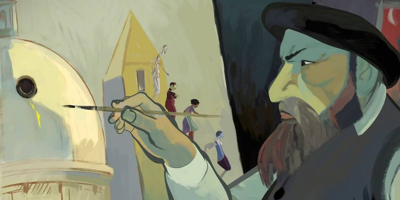 Four characters walking out of a painting an onto the painter's hand in The Painting