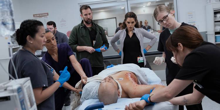 Alexandra Metz, Noah Wyle, Sepideh Moafi, Taylor Dearden, and Fiona Dourif in The Pitt Season 2