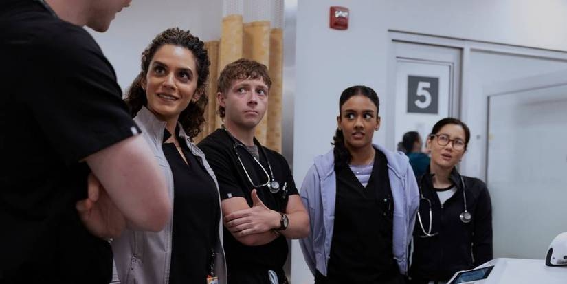 Sepideh Moafi, Gerran Howell, Shabana Azeez, and Irene Choi in The Pitt Season 2 Episode 2