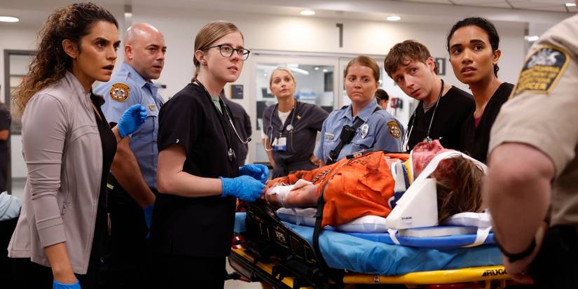 Sepideh Moafi, Taylor Deareden, Katherine LaNasa, Gerran Howell, and Supriya Ganesh in The Pitt Season 2.