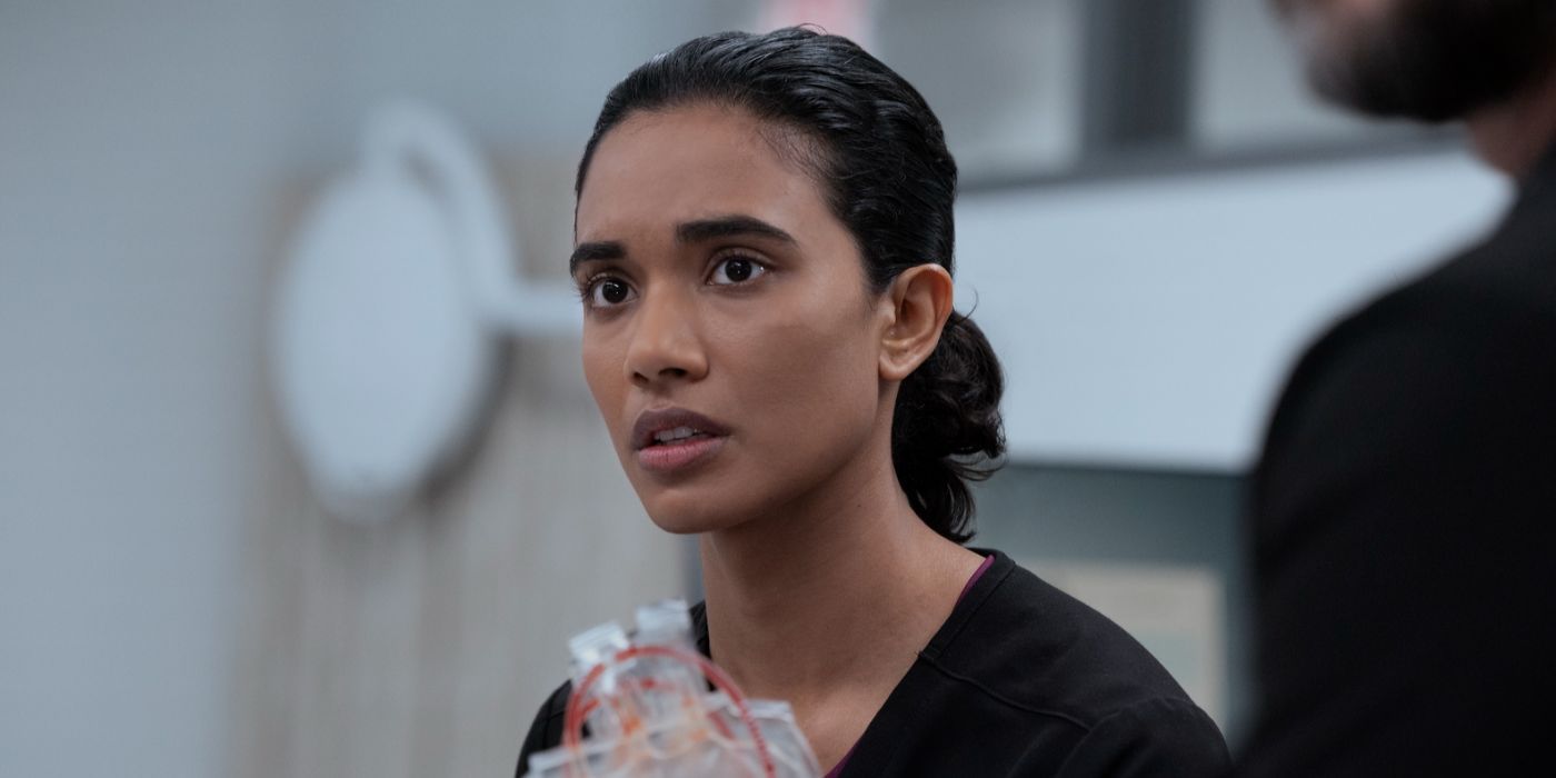 Dr. Samira Mohan (Supriya Ganesh) looking worried on 'The Pitt'