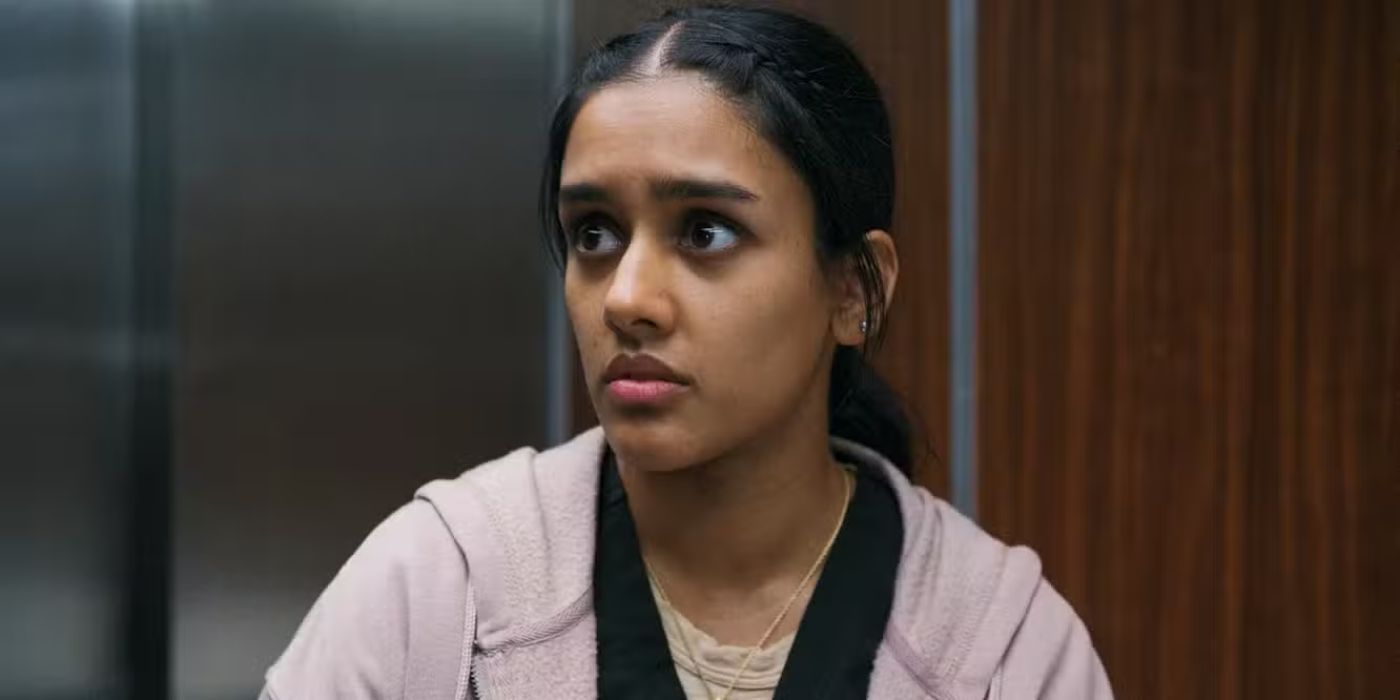 Shabana Azeez as Victoria Javadi in an elevator in 'The Pitt' Season 1.