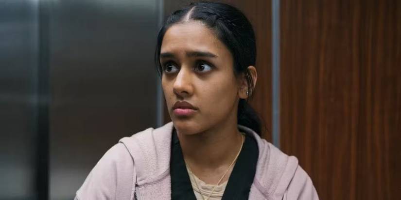 Shabana Azeez as Victoria Javadi in an elevator in 'The Pitt' Season 1.