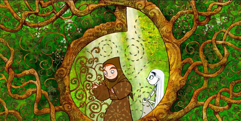 The Secret of Kell's characters in some sort of wooden tapestry. 