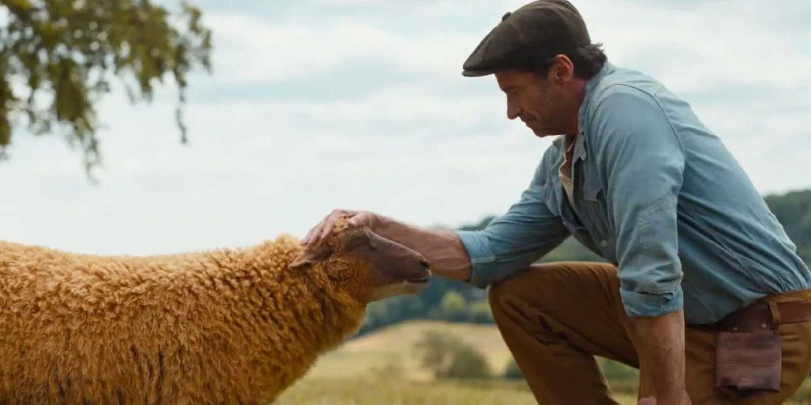Hugh Jackman as George Hardy petting a sheep in The Sheep Detectives.