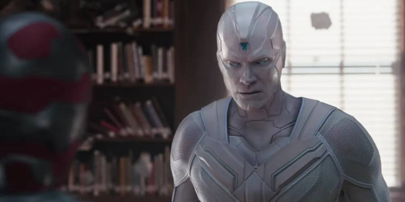 Paul Bettany as Vision all white with a scowl on his face in the teaser trailer for 'VisionQuest.'
