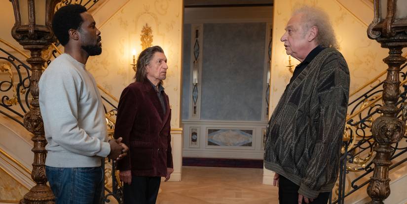 Yahya Abdul-Mateen II and Ben Kingsley talking with Zlatko Buric in Wonder Man Episode 6.