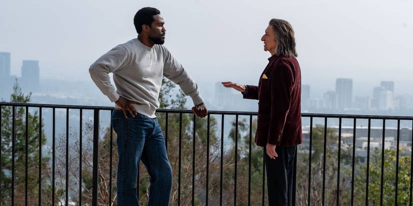 Yahya Abdul-Mateen II and Ben Kingsley talking near a vista in Wonder Man Episode 6.