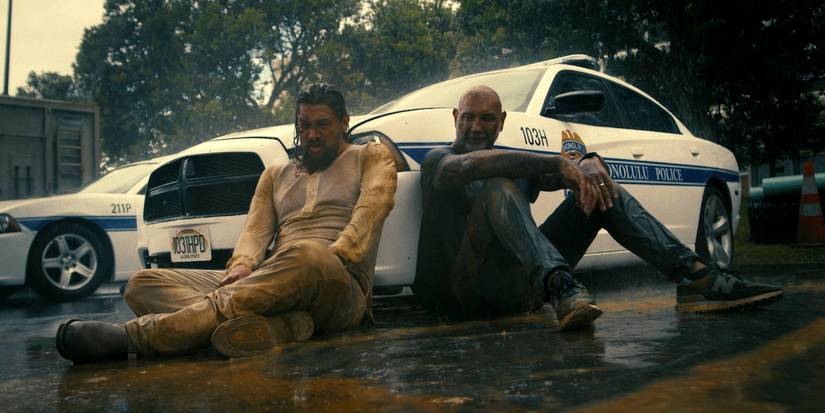Jason Momoa and Dave Bautista in The Wrecking Crew