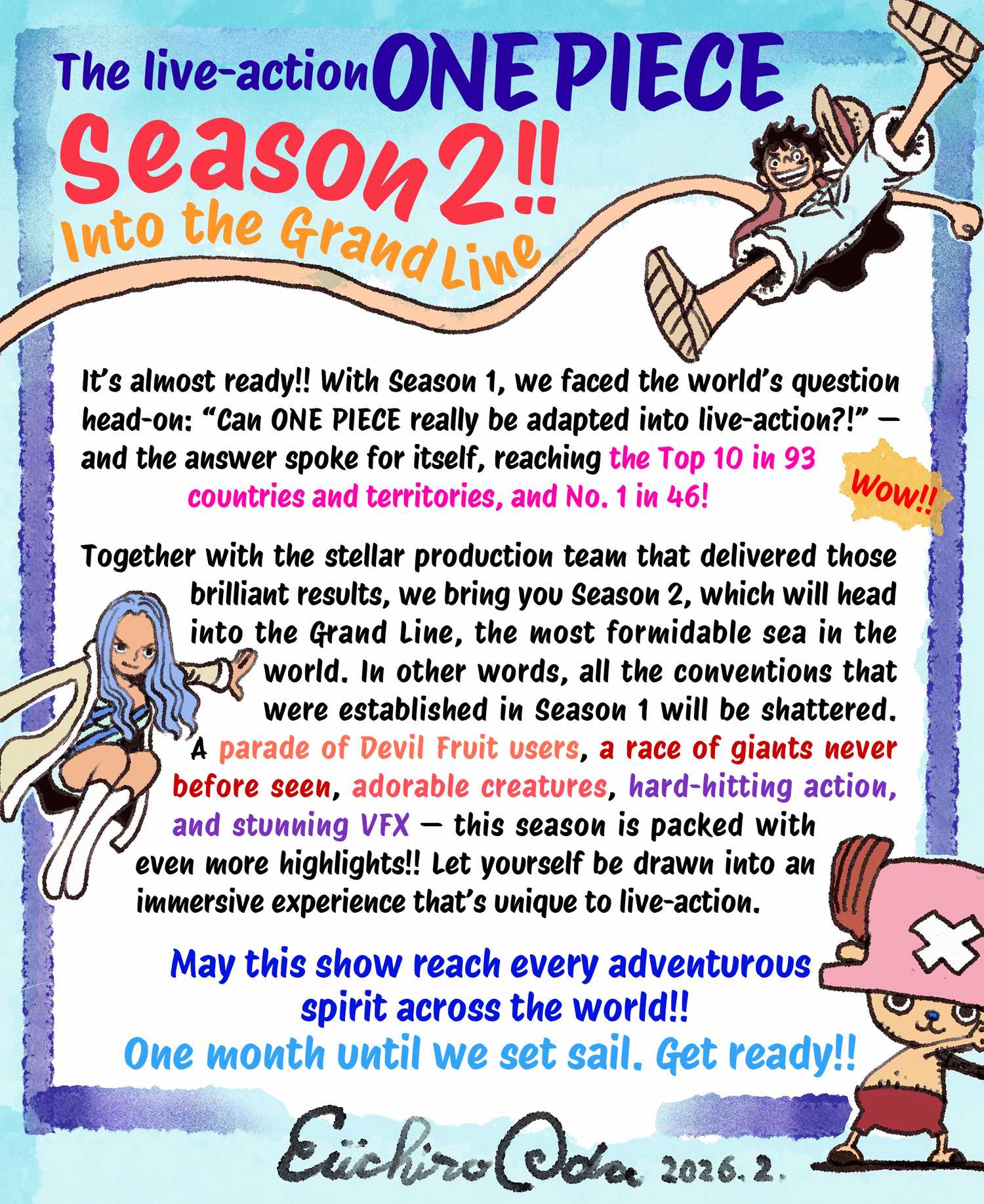 A letter from Eiichiro Oda celebrating the upcoming release of One Piece Season 2