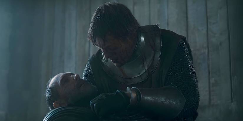 Dunk (Peter Claffey) cries over a dying Baelor (Bertie Carvel) in A Knight of the Seven Kingdoms 
