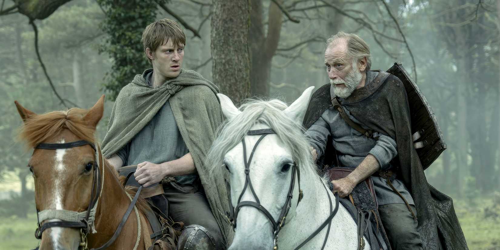 Peter Claffey as Dunk and Danny Webb as Ser Arlan ride horses together in A Knight of the Seven Kingdoms