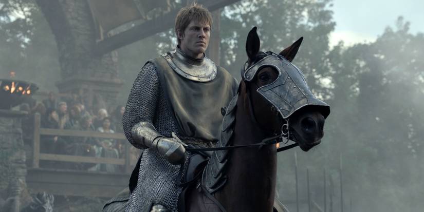 Peter Claffey as Ser Duncan the Tall dressed in knight's armor on his horse in A Knight of the Seven Kingdoms