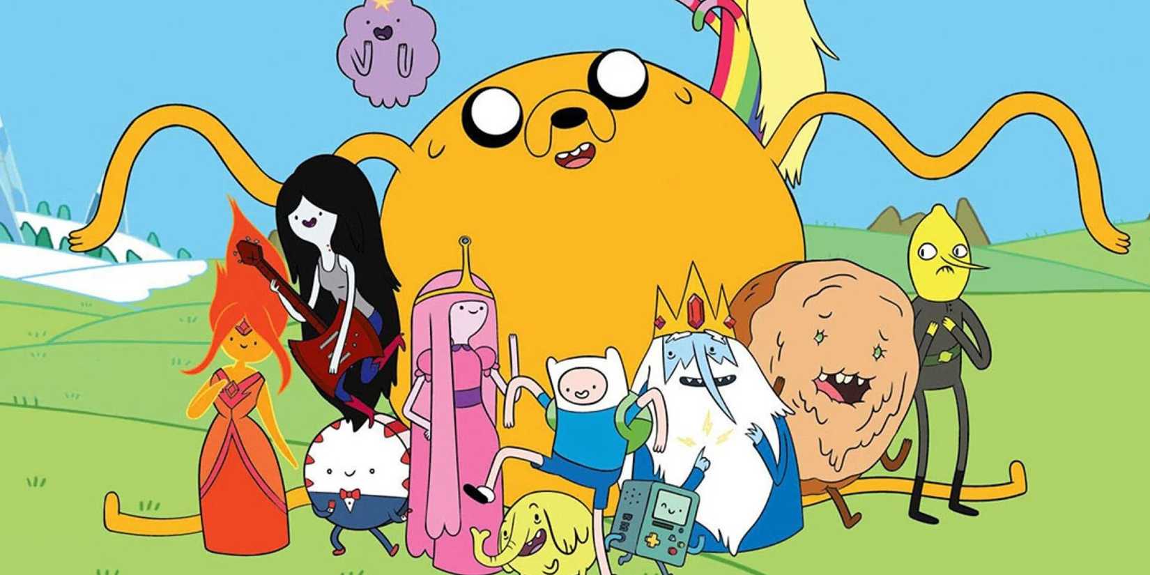 The characters of Adventure Time gathered together happily