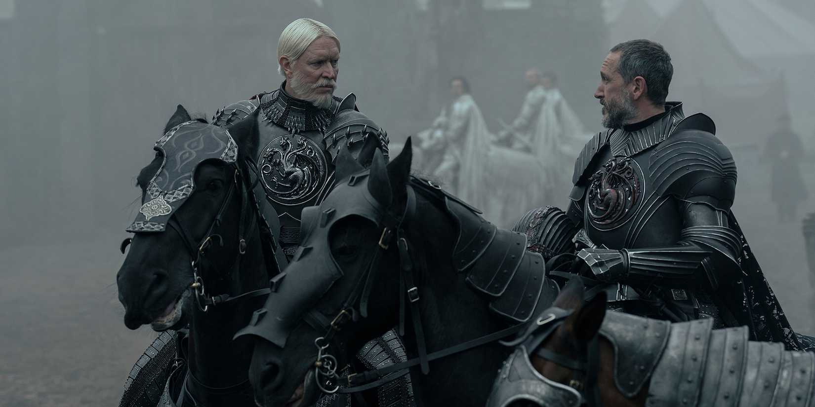 Bertie Carvel as Baelor Targaryen and Sam Spruell as Maekar Targaryen standing next to each other in armor in A Knight of the Seven Kingdoms