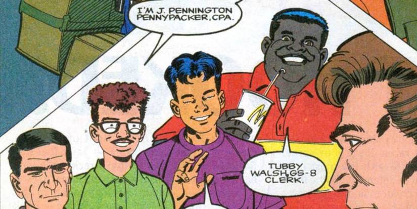 J. Pennington Pennypacker introduces himself in a panel of Marvel Comics. 