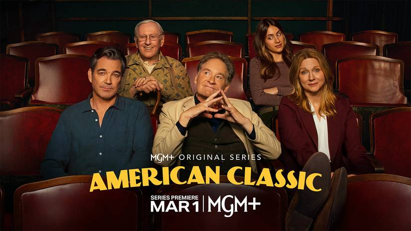Jon Tenney, Len Cariou, Kevin Kline, Nell Verlaque and Laura Linney sit in theater seats in the official 'American Classic' poster