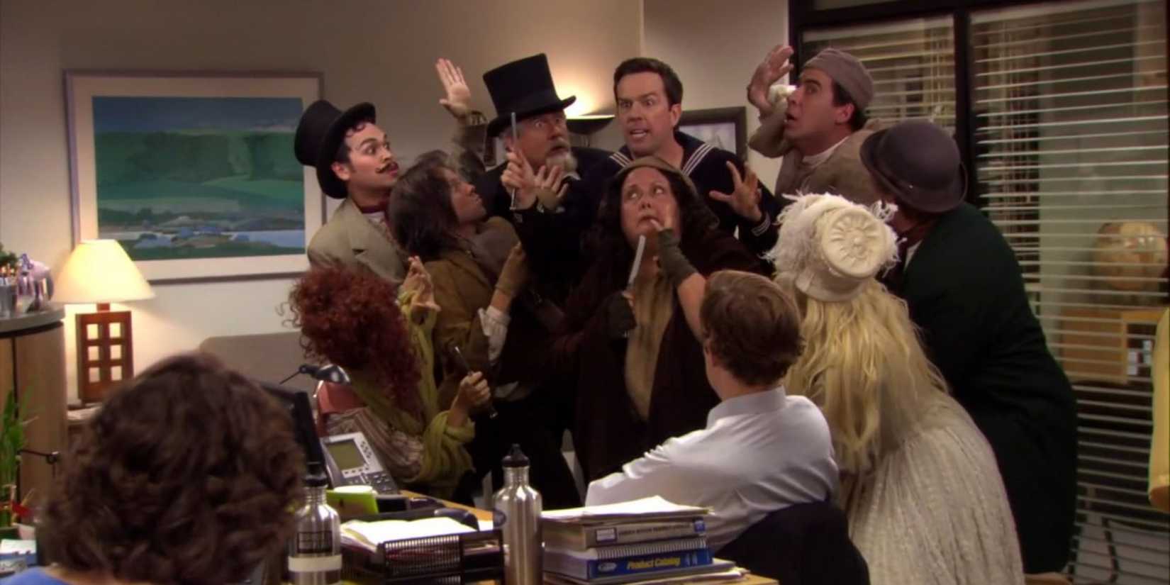 Ed Helms surrounded by Sweeney Todd actors in The Office