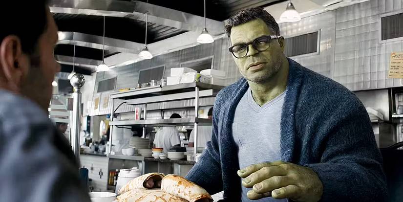 Mark Ruffalo as Professor Hulk eating at a dinner in Avengers: Endgame.