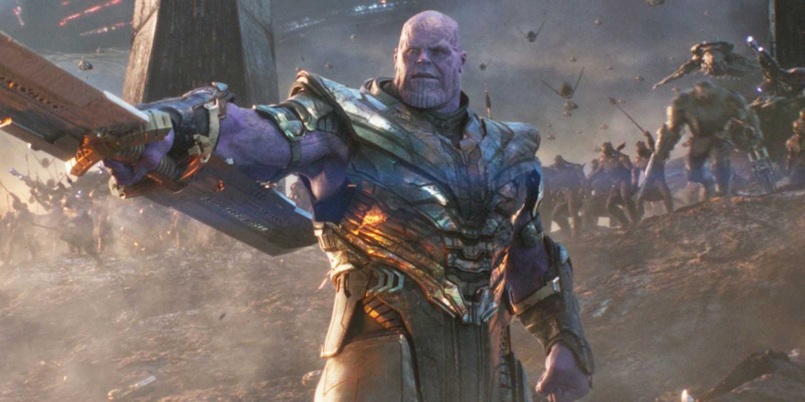 Thanos lifting his double-edged sword in the final battle in Avengers: Endgame