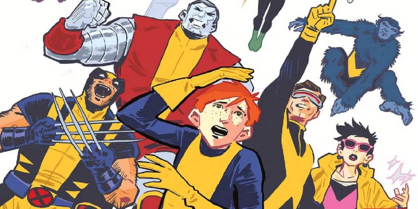 Bailey Hoskins looks panicked in front of the X-Men in a panel of Marvel Comics. 