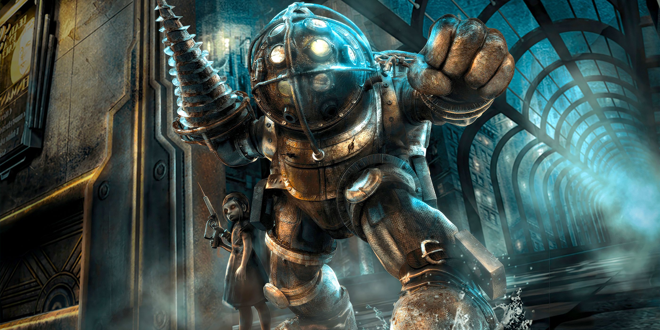 A little sister standing next to a Big Daddy with its drill raised in BioShock