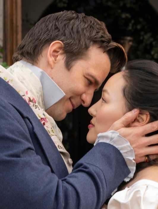 Luke Thompson as Benedict and Yerin Ha as Sophie in 'Bridgerton' Season 4.