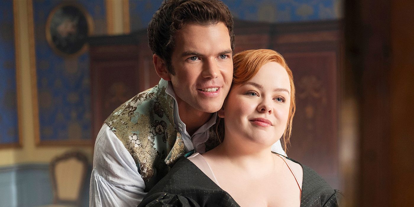 Luke Newton and Nicola Coughlan cuddling and looking in the mirror in Bridgerton Season 4