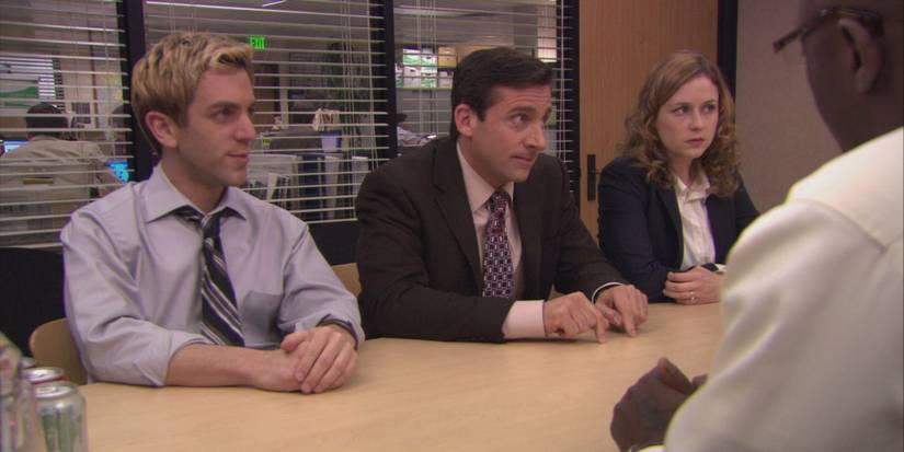 B.J. Novak, Steve Carell, and Jenna Fischer in The Office