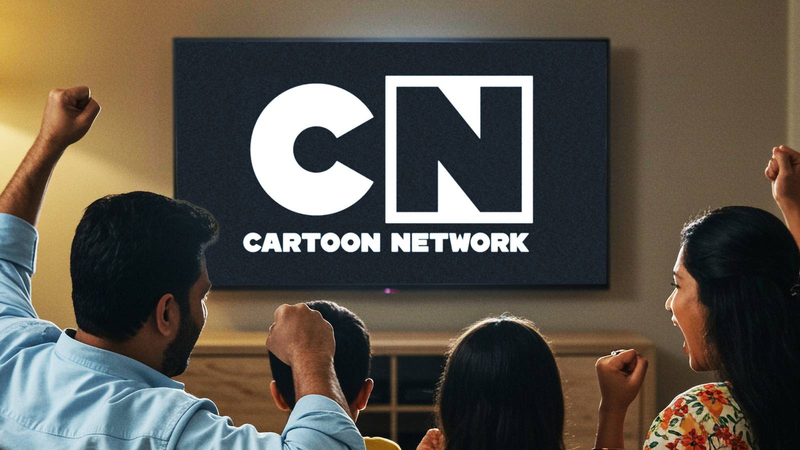 Family sitting in front of a TV playing Cartoon Network