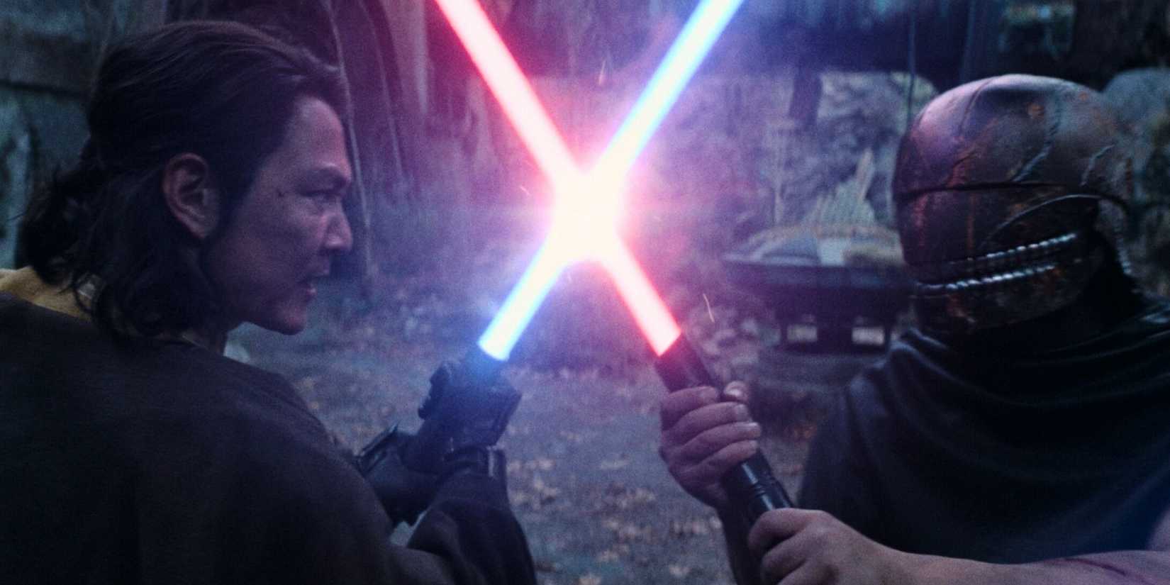 A Jedi knight fighting a man in a helmet in The Acolyte