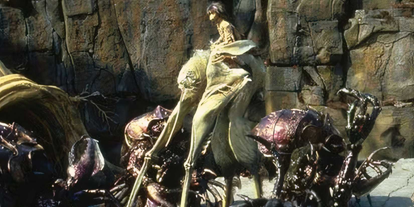 Jen rides a landstrider in' The Dark Crystal