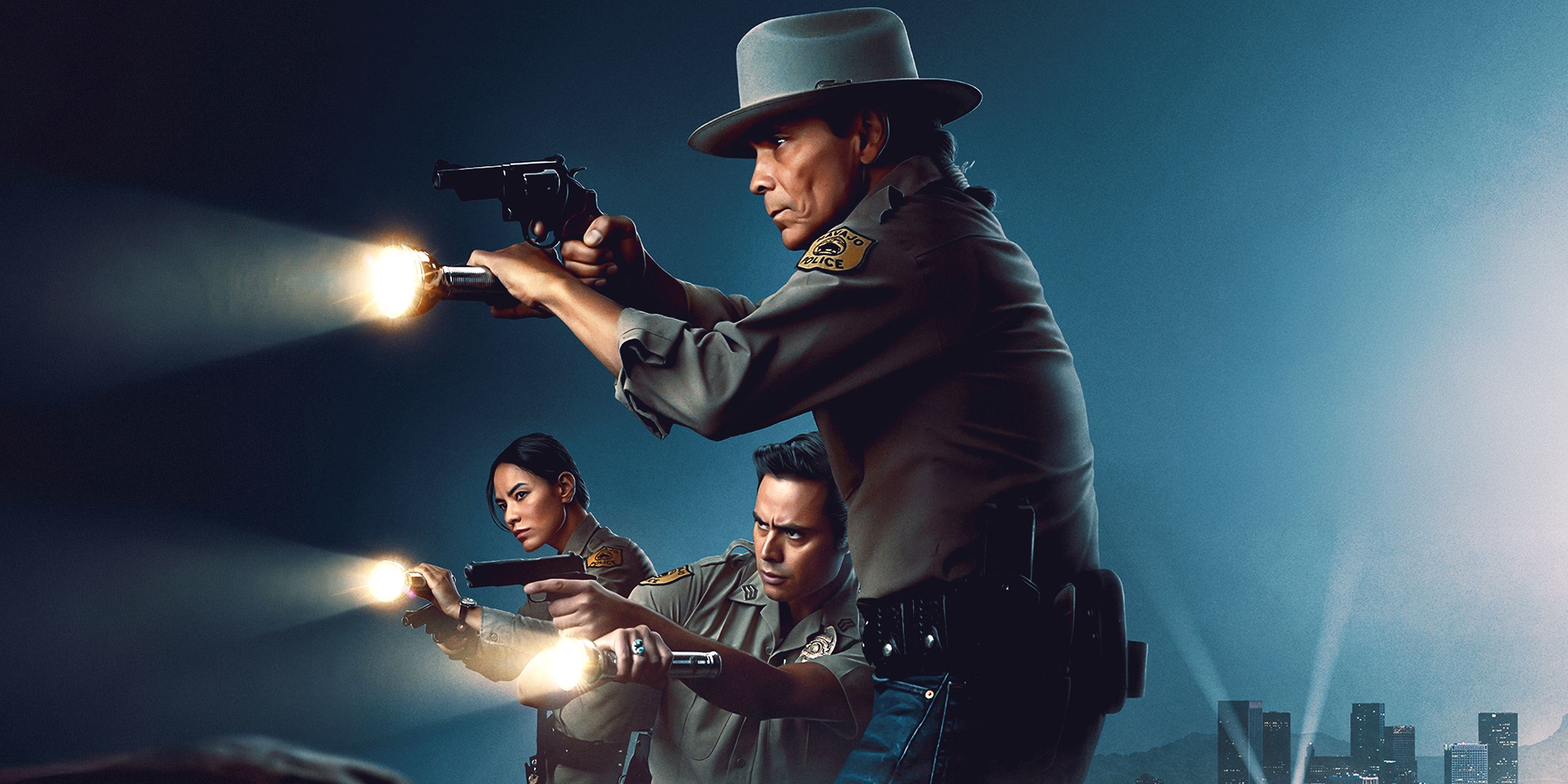Joe Leaphorn (Zahn McClarnon), Jim Chee (Kiowa Gordon), and Bernadette Manuelito (Jessica Matten) on the promotional art for 'Dark Winds' Season 4