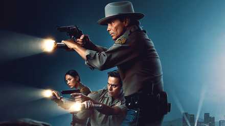 Joe Leaphorn (Zahn McClarnon), Jim Chee (Kiowa Gordon), and Bernadette Manuelito (Jessica Matten) on the promotional art for 'Dark Winds' Season 4