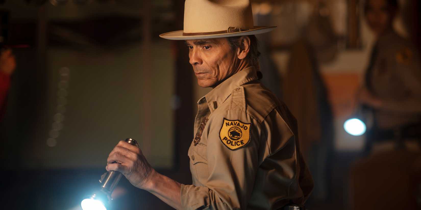 Zahn McClarnon as Joe Leaphorn and Jessica Matten as Bernadette Manuelito in Dark Winds Season 4