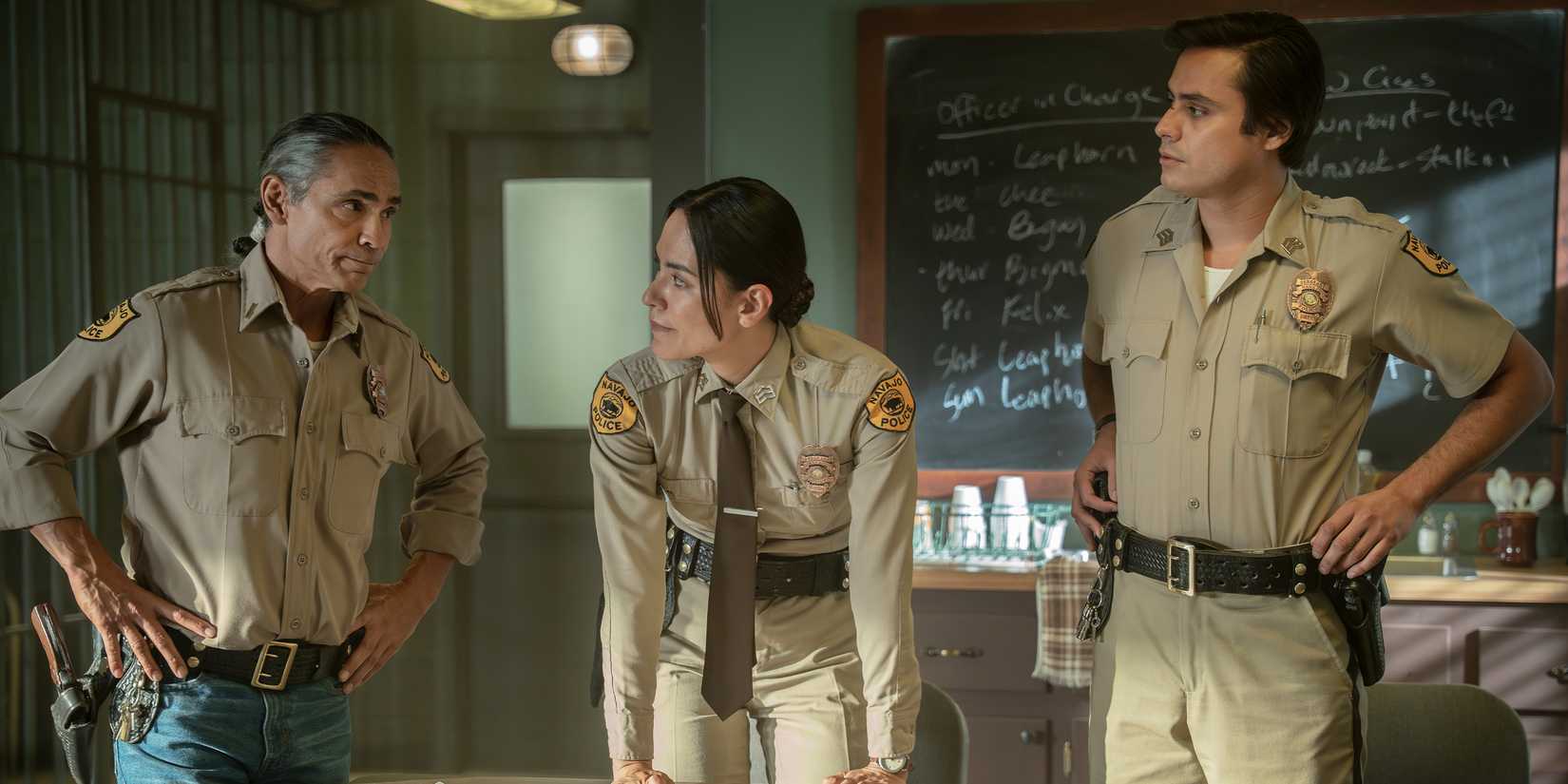 Zahn McClarnon as Joe Leaphorn, Jessica Matten as Bernadette Manuelito and Kiowa Gordon as Jim Chee in Dark Winds Season 4