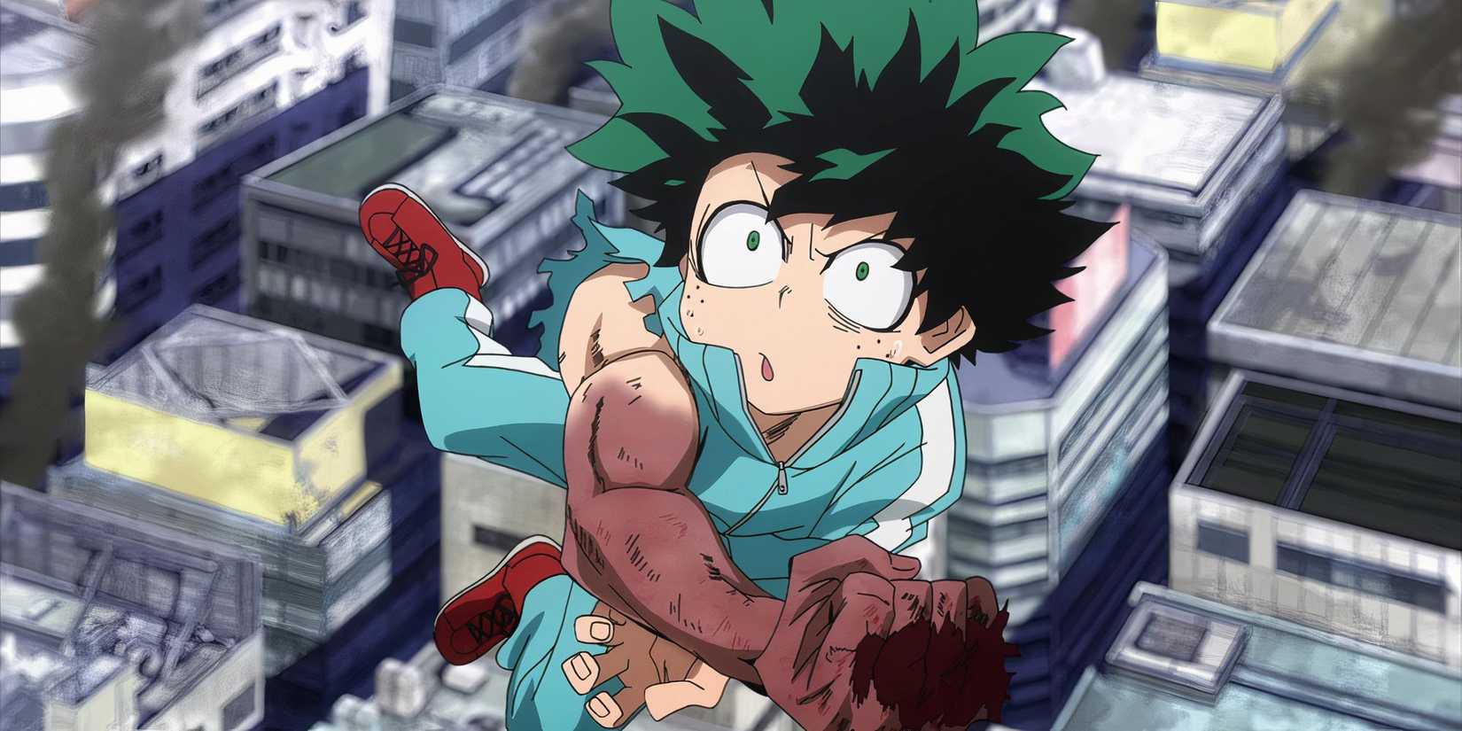 Deku in the air, post-detroit smash, with a broken arm in My Hero Academia