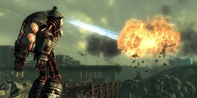 Robot raksasa Liberty Prime menembakkan laser dari matanya di 'Fallout 3'