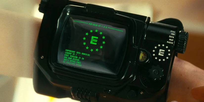 A close-up of an Enclave Pip-Boy wearable computer in Fallout.