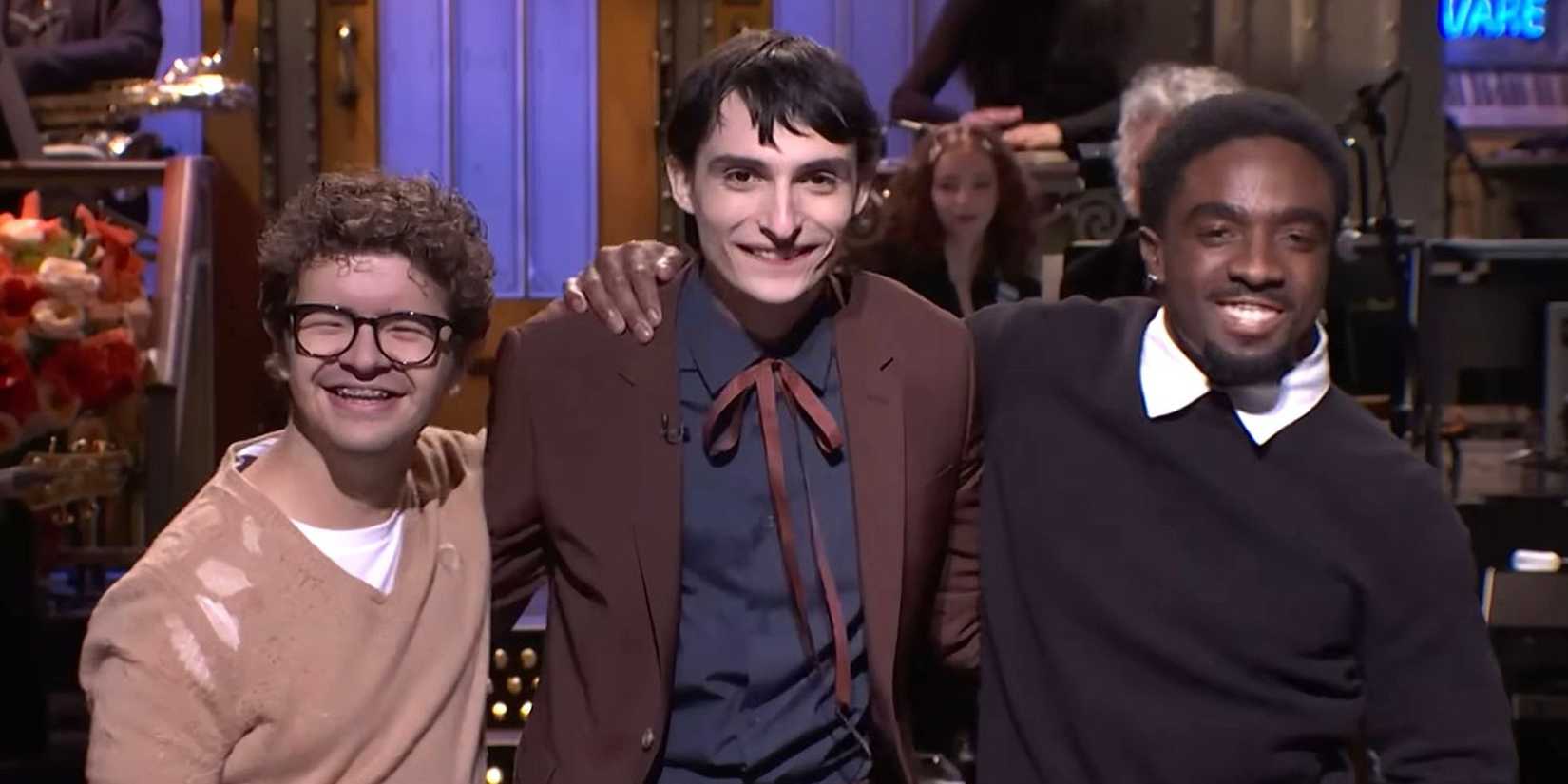 Gaten Matarazzo, Finn Wolfhard, and Caleb McLaughlin on the 'SNL' stage.