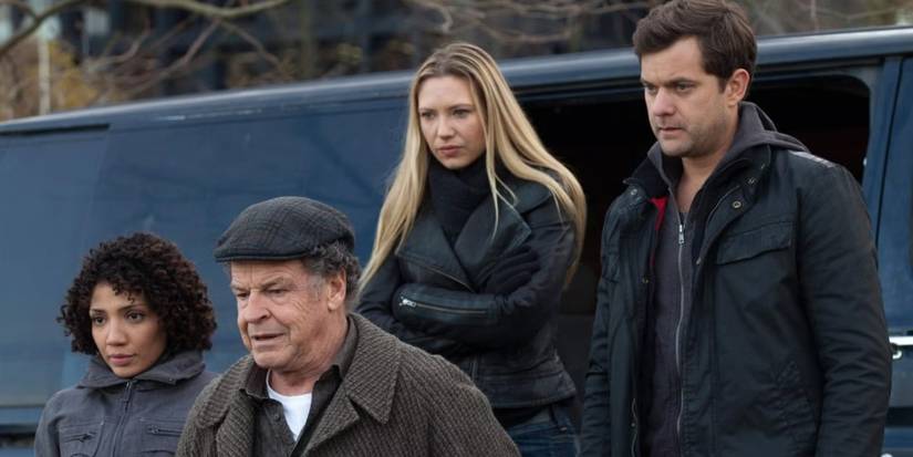 The Fringe Division of the FBI—Astrid Fairnsworth (Jasika Nicole), Walter Bishop (John Noble), Olivia Dunham (Anna Torv), and Peter Bishop (Joshua Jackson)—emerge from the side door of a van in 'Fringe' Season 5.