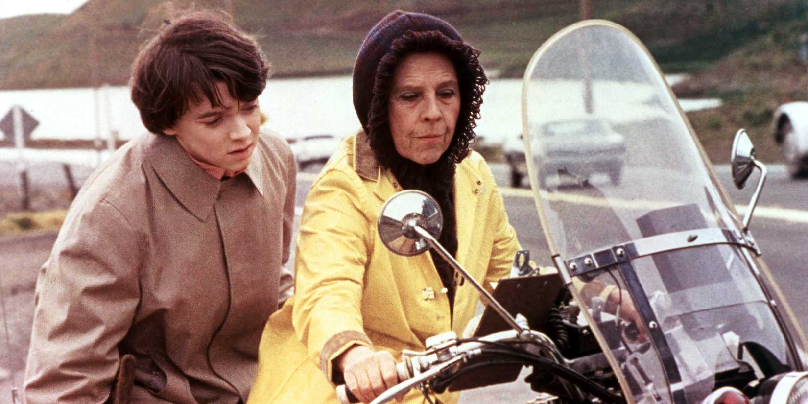 Bud Cort and Ruth Gordon on a motorbike in Harold and Maude.