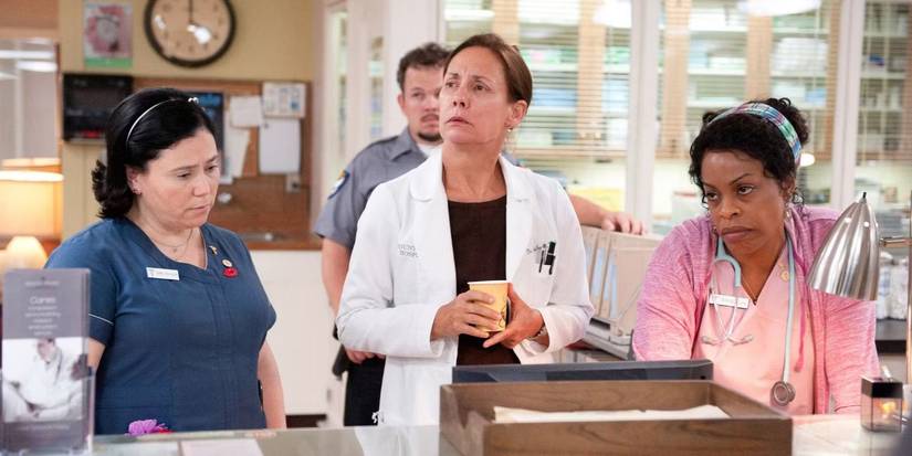 Nurse Didi and Dawn stand beside Dr. Jenna James in Getting On.