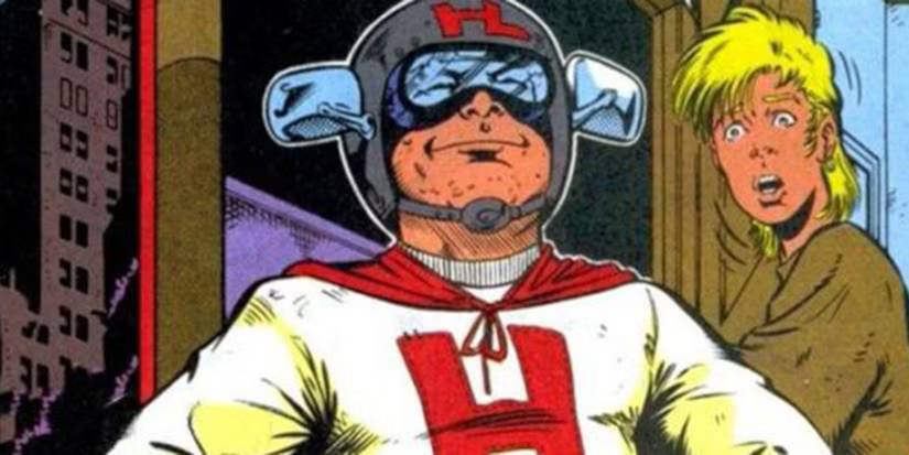 Hindsight Lad stands proudly in a panel of Marvel Comics.